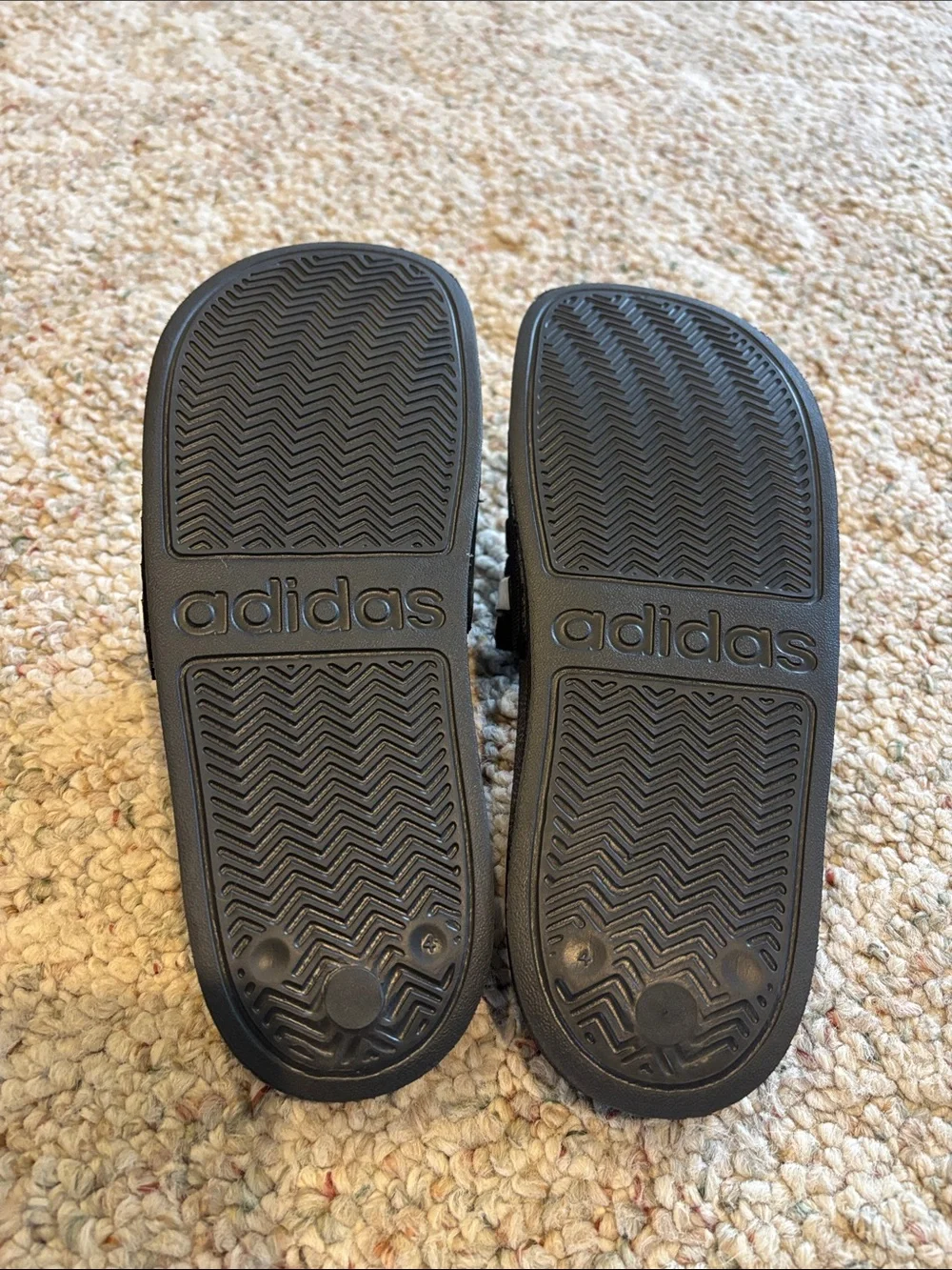 adidas Black Slides with White Three-Stripes
